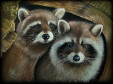 racoon's romance #ArtistSupportPledge Painting titled "racoon's romance #A…" by Christine Mergnat, Original Artwork, Pastel