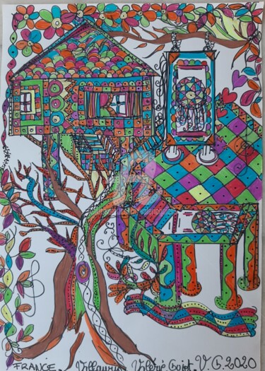 图画 标题为“LA CABANE SUR L'ARB…” 由Valerie Guiot, 原创艺术品, 标记
