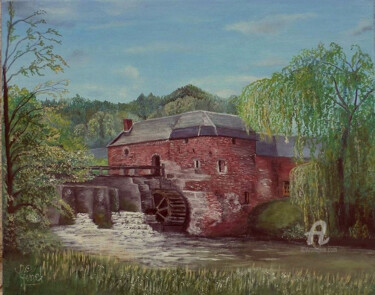 Painting titled "Le moulin de Rombies" by Gérard Pinel, Original Artwork, Oil