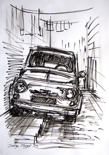 Drawing titled "Fiat 500 à Rome #ar…" by Serge Mazet, Original Artwork, Ink