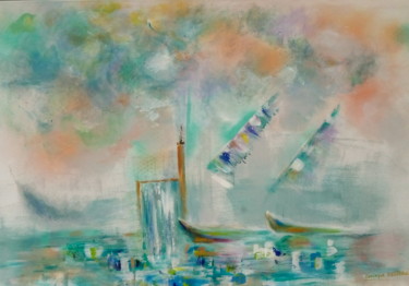 Malerei mit dem Titel "Écluse et bateaux s…" von Dominique Bertrand, Original-Kunstwerk, Acryl Auf Keilrahmen aus Holz monti…