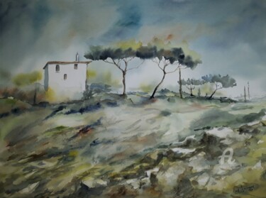 Peinture intitulée "PAYSAGE DE PROVENCE" par Alain Devienne, Œuvre d'art originale, Aquarelle