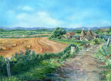 An Oast House Farm in Haysden Painting titled "An Oast House Farm…" by Sonia Finch, Original Artwork, Oil Mounted on Cardboard