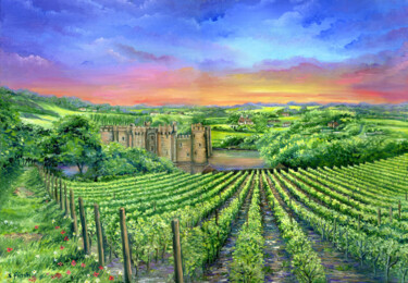 Bodiam Castle from Sedlescombe Vineyard at Dusk Pittura intitolato "Bodiam Castle from…" da Sonia Finch, Opera d'arte originale, Olio Montato su Telaio per barella in legno