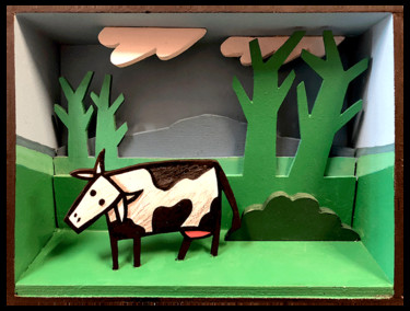 Peinture intitulée "Diorama vache simple" par Sacha Schwarz, Œuvre d'art originale, Acrylique Monté sur Panneau de bois