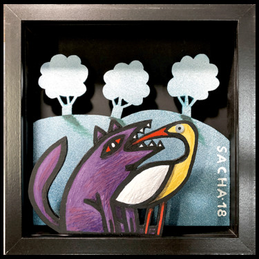 Peinture intitulée "diorama loup-cigogne" par Sacha Schwarz, Œuvre d'art originale, Acrylique Monté sur Panneau de bois