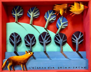renard et oiseaux diorama Peinture intitulée "renard et oiseaux d…" par Sacha Schwarz, Œuvre d'art originale, Acrylique Monté sur Panneau de bois