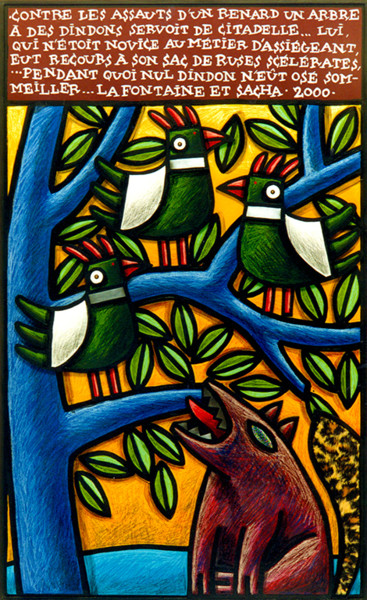 Peinture intitulée "Loup et poules" par Sacha Schwarz, Œuvre d'art originale, Acrylique Monté sur Panneau de bois