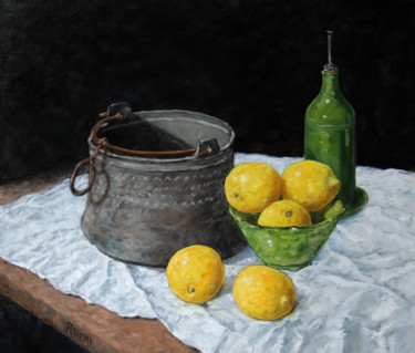 Citrons et chaudron Peinture intitulée "Citrons et chaudron" par Henri Remi, Œuvre d'art originale, Huile