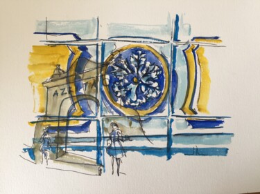 Dessin intitulée "Azuleijo d Azeitao" par Hartiste, Œuvre d'art originale, Aquarelle