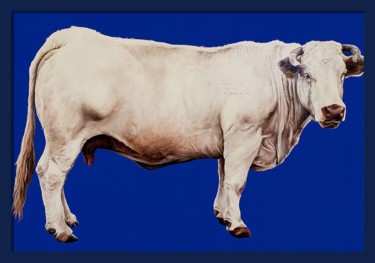Painting titled "Vache sur bleu" by Sacha Schwarz, Original Artwork, Acrylic Mounted on Wood Stretcher frame