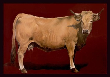 Painting titled "Vache sur marron" by Sacha Schwarz, Original Artwork, Acrylic Mounted on Wood Stretcher frame