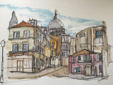 Dessin intitulée "La maison rose" par Hartiste, Œuvre d'art originale, Aquarelle
