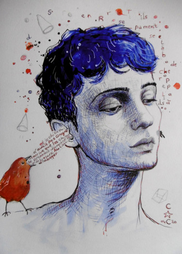 Dessin intitulée "V" par Catherine Cornec, Œuvre d'art originale, Encre