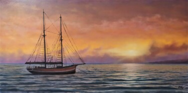 ''Vintage yacht in sunset'' Painting titled "''Vintage yacht in…" by Zigmars ''Sigmar'' Grundmanis, Original Artwork, Oil