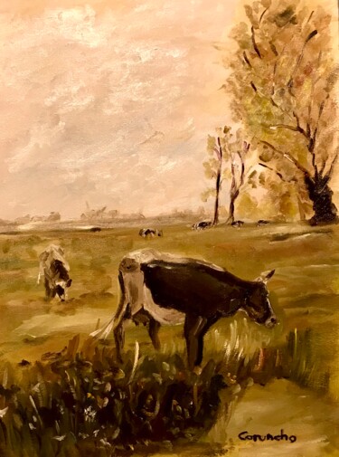 Pintura titulada "Vacas pastando" por Mónica Caruncho Fontela, Obra de arte original, Oleo