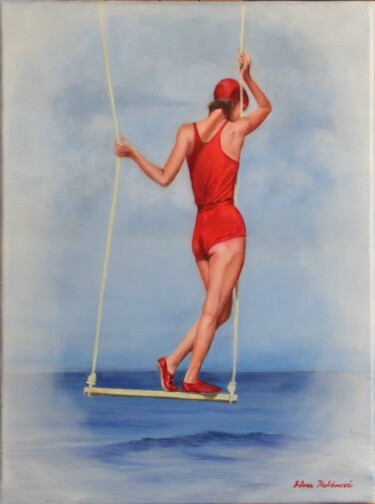 Malerei mit dem Titel "Retro girl in red" von Silvia Habán, Original-Kunstwerk, Öl