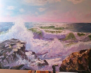 Peinture intitulée "La vague solitaire" par Houria, Œuvre d'art originale, Huile