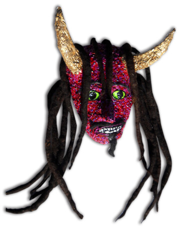 Red Devil with Gold Horns and Dreadlocks Mask/Wall Art 雕塑 标题为“Red Devil with Gold…” 由Anthony Saldivar, 原创艺术品, 丙烯