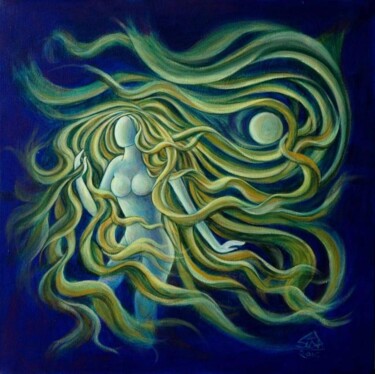 Painting titled "LADY WITH THE MOONv2" by Suddha Sama, Original Artwork, Oil Mounted on Wood Stretcher frame