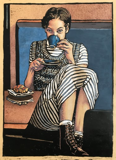 Das Ringelkleid Druckgrafik mit dem Titel "Das Ringelkleid" von Margreet Duijneveld, Original-Kunstwerk, Linoldrucke