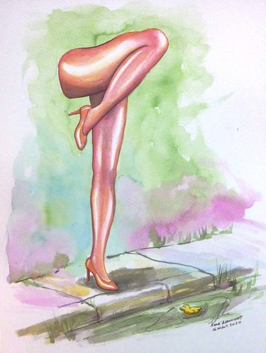 Dessin intitulée "Échassier près de l…" par René Blanchet, Œuvre d'art originale, Encre