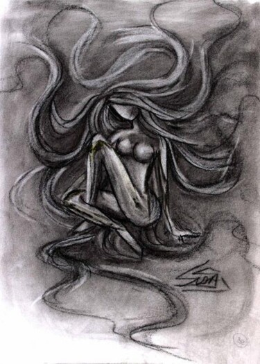 Drawing titled "LOST IN HER OWN WOR…" by Suddha Sama, Original Artwork, Charcoal