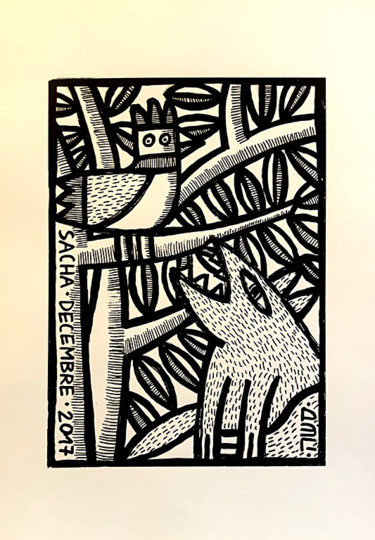 Printmaking titled "Le loup et la poule" by Sacha Schwarz, Original Artwork, Screenprinting