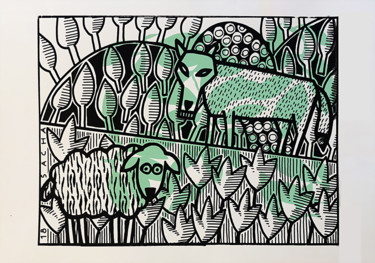 Prenten & gravures getiteld "Le loup et l'agneau" door Sacha Schwarz, Origineel Kunstwerk, Zeefdruk