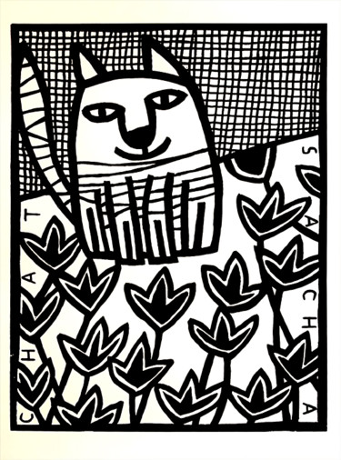 印花与版画 标题为“Chat et fleurs” 由Sacha Schwarz, 原创艺术品, 丝网印刷
