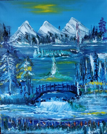 Peinture intitulée "Le pont du lac" par Pascal Jung, Œuvre d'art originale, Huile