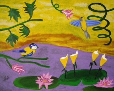 Schilderij getiteld "Colibri, mésange, b…" door Daniel Garcia (Léo), Origineel Kunstwerk, Acryl