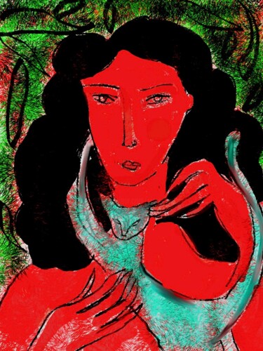 Digital Arts titled "woman and cat 8" by Simon Taylor, Original Artwork, Digital Painting
