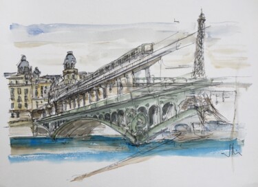 Dessin intitulée "Pont à deux étages" par Hartiste, Œuvre d'art originale, Aquarelle