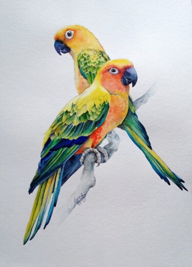 Картина под названием "Rainbow parrots" - Olga Matyunina, Подлинное произведение искусства, Акварель