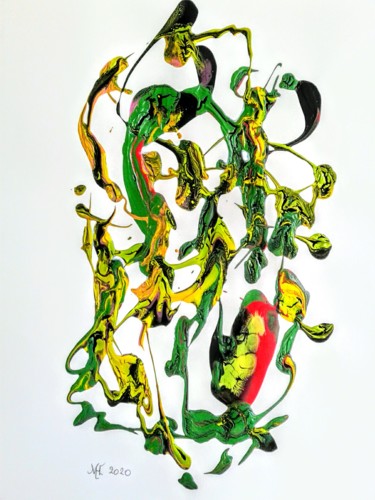 Schilderij getiteld "Green birds" door Marianne Huizinga, Origineel Kunstwerk, Gouache