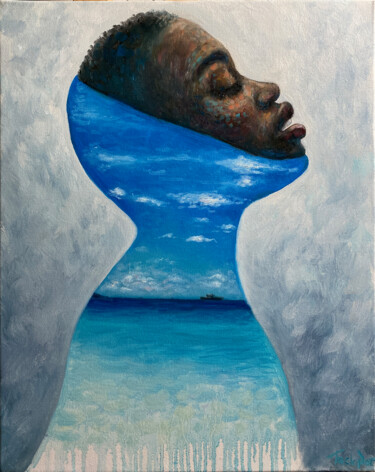 African portrait oil painting Happiness inside woman face Peinture intitulée "African portrait oi…" par Evgeny Potapkin, Œuvre d'art originale, Huile Monté sur Châssis en bois