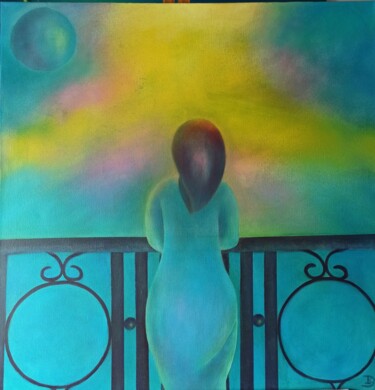 Painting titled "Desde mi balcón" by Inés Diez, Original Artwork, Oil Mounted on Wood Stretcher frame