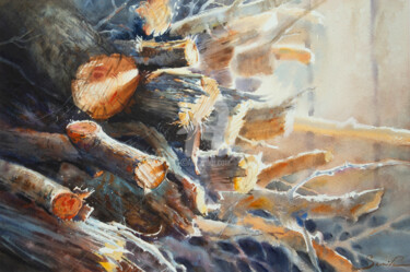 Firewood in the Sun (now at the exhibition) Painting titled "Firewood in the Sun…" by Samira Yanushkova, Original Artwork, Watercolor