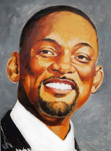 Painting titled "portrait Will Smith" by Agnès Borg-Burglen, Original Artwork, Oil Mounted on Wood Stretcher frame
