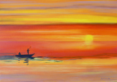 Картина под названием "Coucher de soleil a…" - Geneviève Juttens-Lambilotte, Подлинное произведение искусства, Масло
