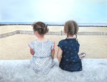 Petites filles à la plage Painting titled "Petites filles à la…" by Cathy Cheneau, Original Artwork, Pastel