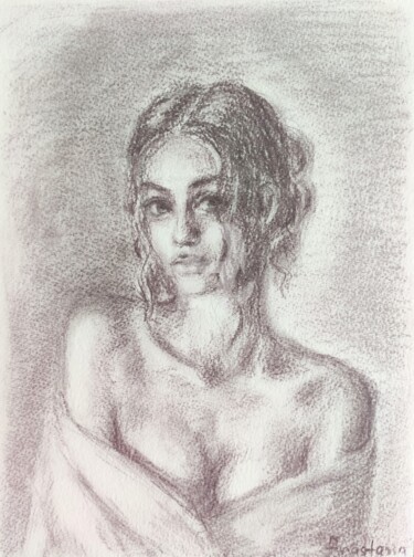 Young Beautiful Girl Curvy Hair Charcoal Sketch 图画 标题为“Young Beautiful Gir…” 由Anastasia Akunina, 原创艺术品, 木炭