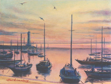 Port au crépuscule Peinture intitulée "Port au crépuscule" par Henri Eisenberg, Œuvre d'art originale, Acrylique Monté sur Châssis en bois
