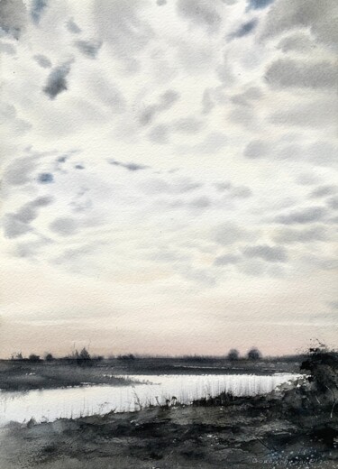 Clouds over the river #2 Painting titled "Clouds over the riv…" by Eugenia Gorbacheva, Original Artwork, Watercolor