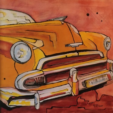 제목이 "Epave voiture jaune"인 미술작품 Alain Riguet로, 원작, 아크릴