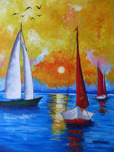 Painting titled "Sunset Drift" by Mallika Seth, Original Artwork, Acrylic