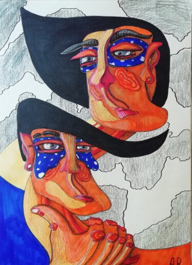 图画 标题为“People and masks” 由Anna Reshetnikova, 原创艺术品, 标记