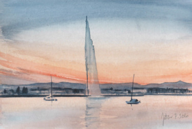 Crepuscule du soir en rose sur Jet d'eau (2e interprétation) Schilderij getiteld "Crepuscule du soir…" door Philippe Juttens, Origineel Kunstwerk, Aquarel