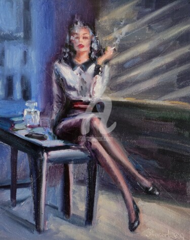 Beautiful Sexy Smoking Woman Black White Blue Books Light 「Beautiful Sexy Smok…」というタイトルの絵画 Anastasia Akuninaによって, オリジナルのアートワーク, オイル